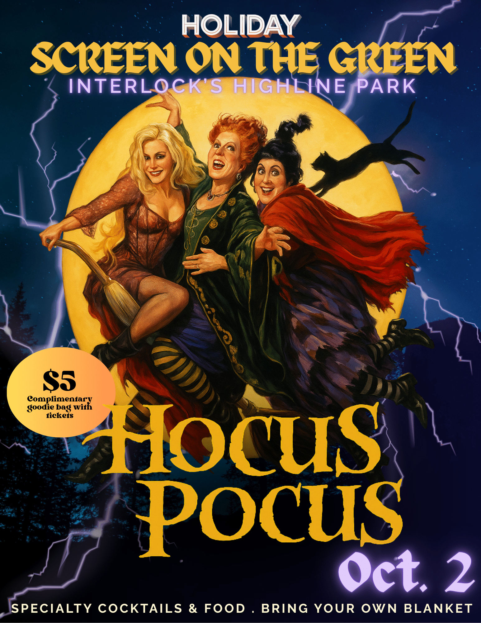 Flyer for Holiday Bar Atlanta’s Screen on the Green event at Interlock’s Highline Park featuring the movie Hocus Pocus. The design shows the three Sanderson Sisters flying across a full moon with a black cat and lightning bolts in the background. Text highlights: “$5 Complimentary goodie bag with tickets,” “Thursday, Oct. 2,” and “Specialty cocktails & food. Bring your own blanket.”