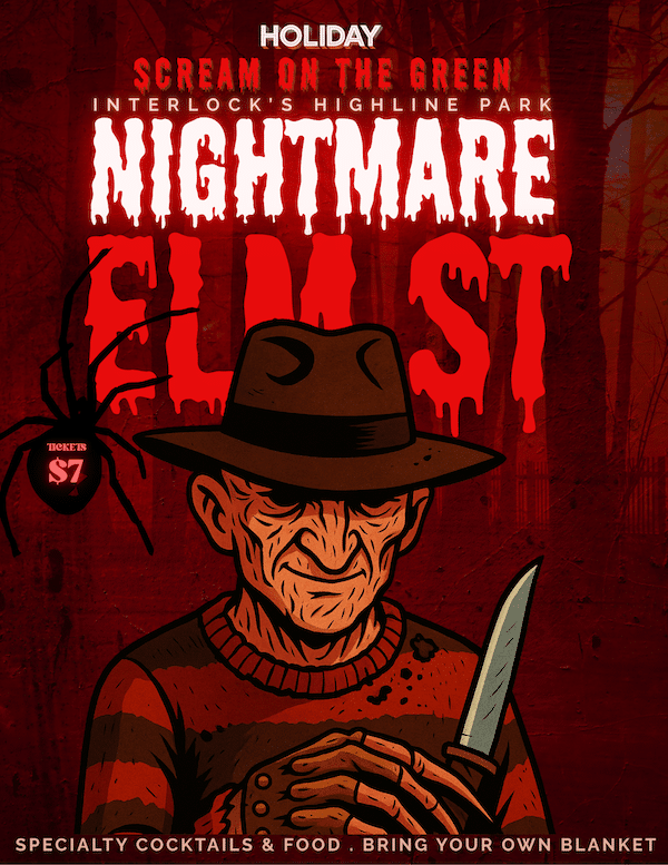 Flyer for Holiday Bar Atlanta’s “Scream on the Green” outdoor movie night at Interlock’s Highline Park featuring Nightmare on Elm Street. The design shows a red background with an illustrated Freddy Krueger holding a knife, a spider web with a $7 ticket label, and text that reads “Specialty cocktails & food. Bring your own blanket.” The event title appears in bold dripping letters.
